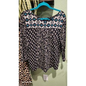 Lucky Brand Women's XL Extra Small Black Blue White Embroidered Knit Top Shirt